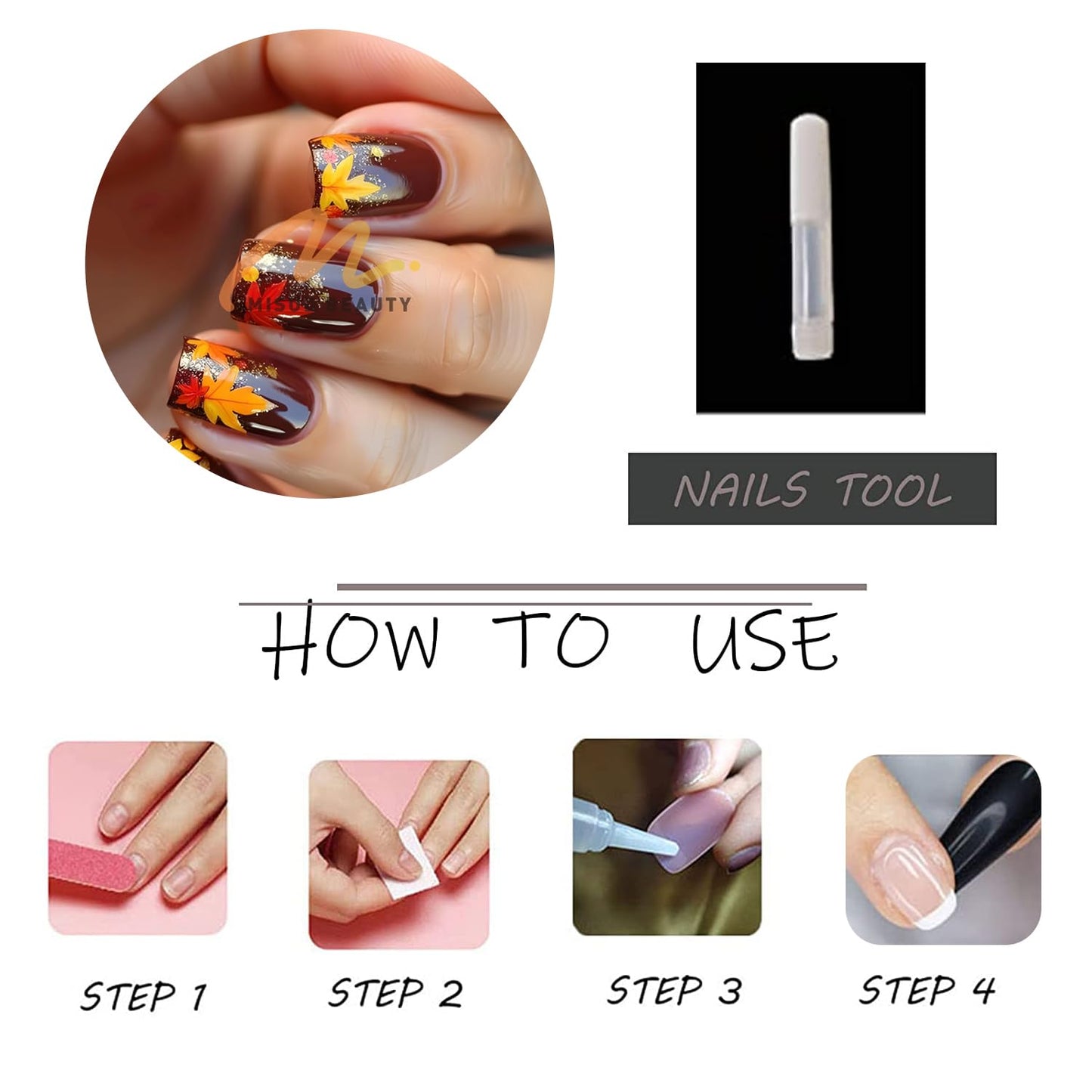 MISUD Press on Nails - Short Square Fake Nails with Fall Brown, Acrylic Autumn Maple Leaf Design 24 pcs