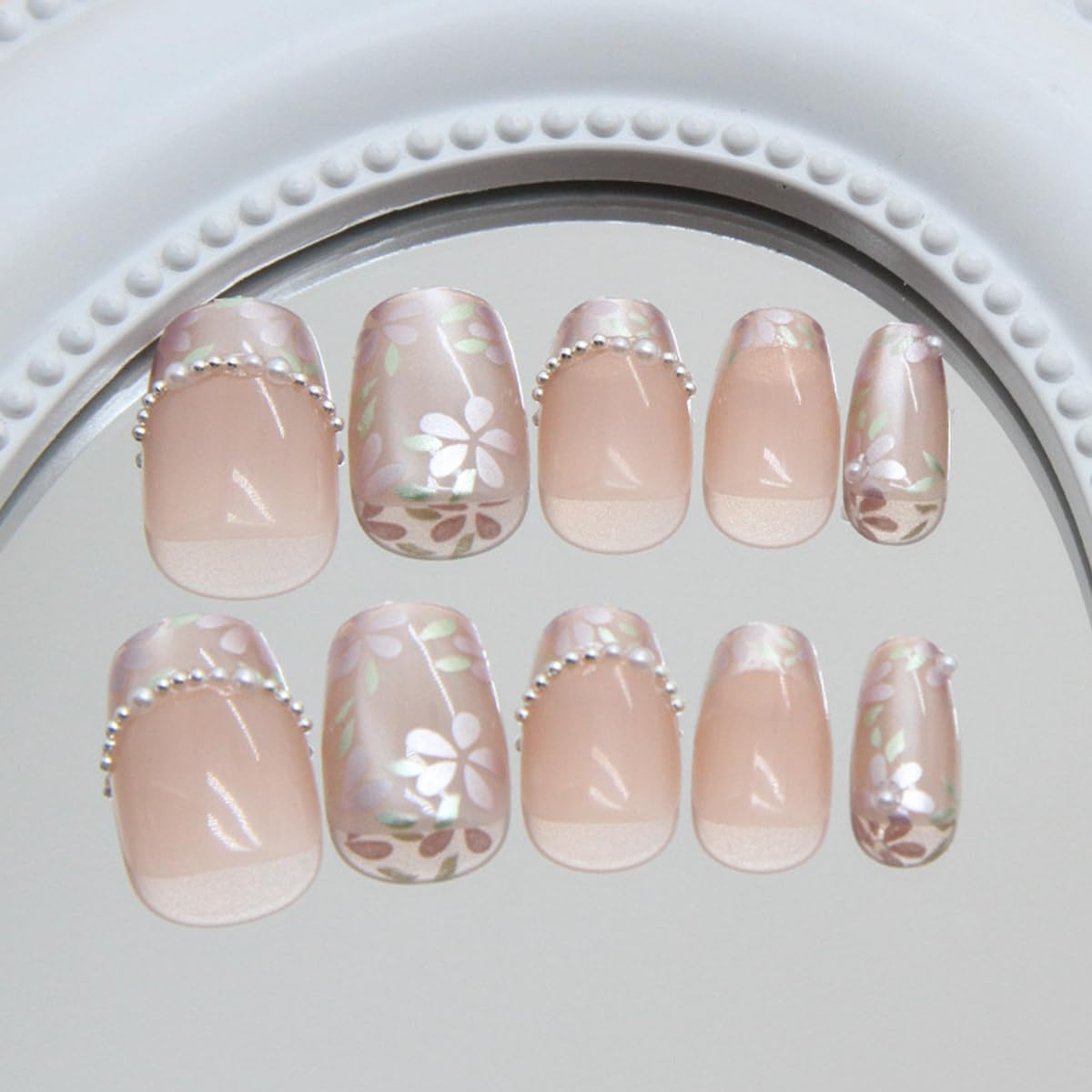 Medium Square Press On Nails - Nude Pearl Flower Design Fake Nails Glossy Finished Reusable False Nails with Glue Tabs - 24Pcs Nail Kit for Women Manicure