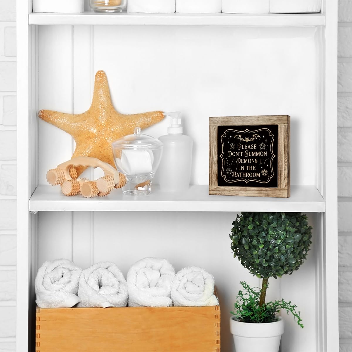 Halloween Gothic Bathroom Decor Please Don't Summon Demons In The Bathroom Wooden Sign Restroom Shelf Home Decoration 5.9x5.9 Inch