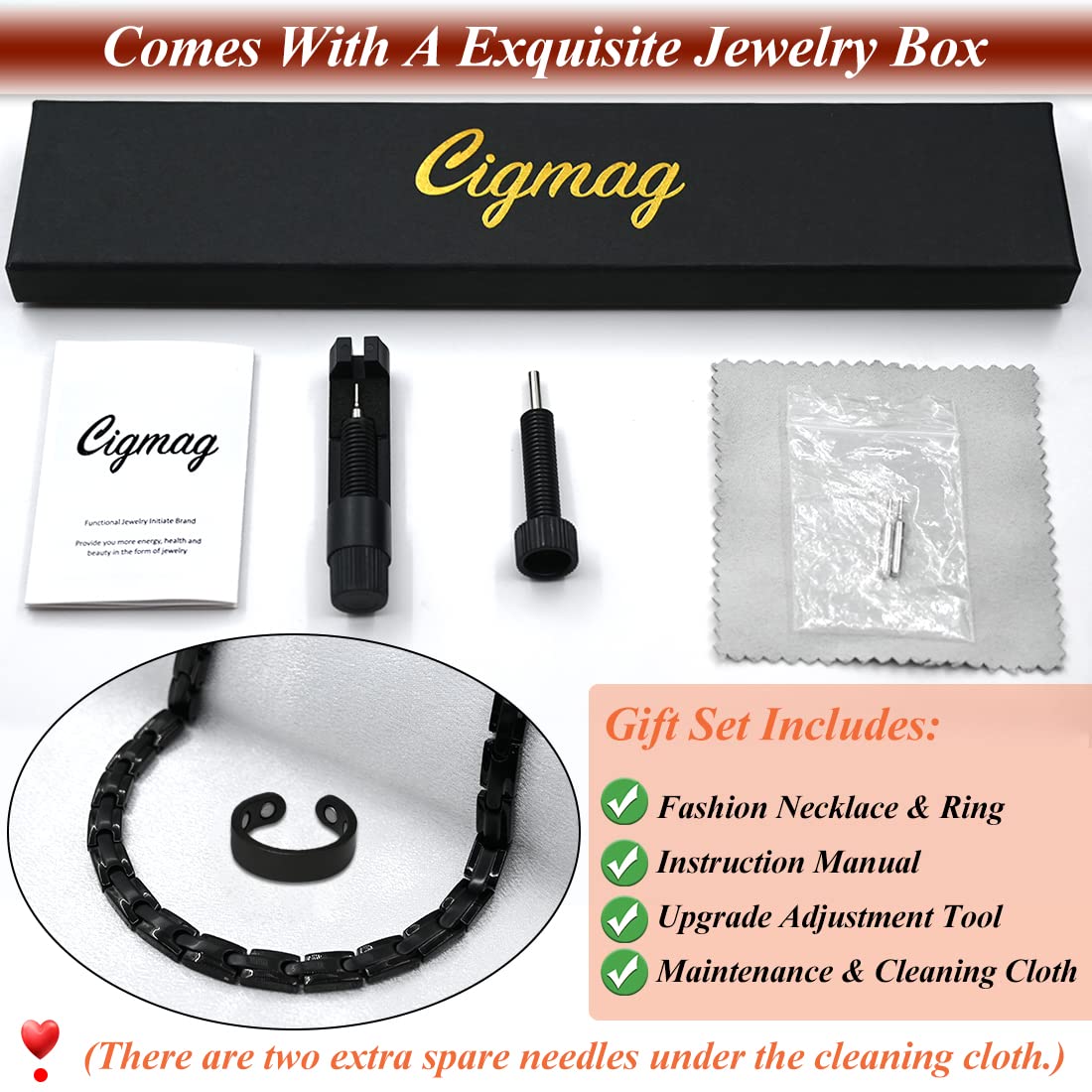 Cigmag Magnetic Necklace - Titanium Necklace for Men Women Stainless Steel Ultra Strength Magnets - with Adjustable Sizing Tool and Present Box