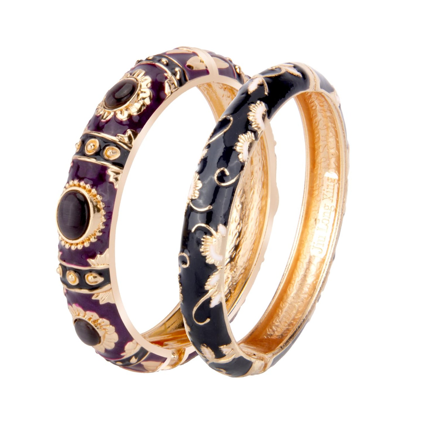 UJOY Vintage Cloisonne Jewelry Bracelet Plated Handmade Bead Rhinestones Enamel Spring Cuff Bangles 2 Pcs Set for Womens Gift 7735-55A108 pueple Black