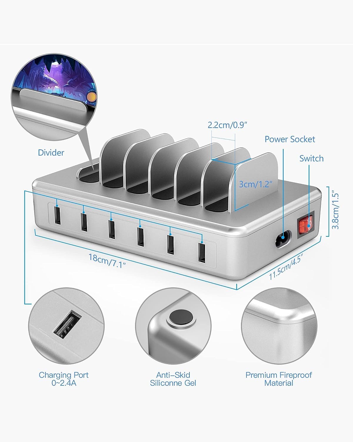 Charging Station for Multiple Devices - 6 Port Multi USB-A Charger Stations Multi-Device Organizer Charging Dock for iPhone iPad Android Cell Phone Tablets with 6 Mixed Cables Included(UL Certified)