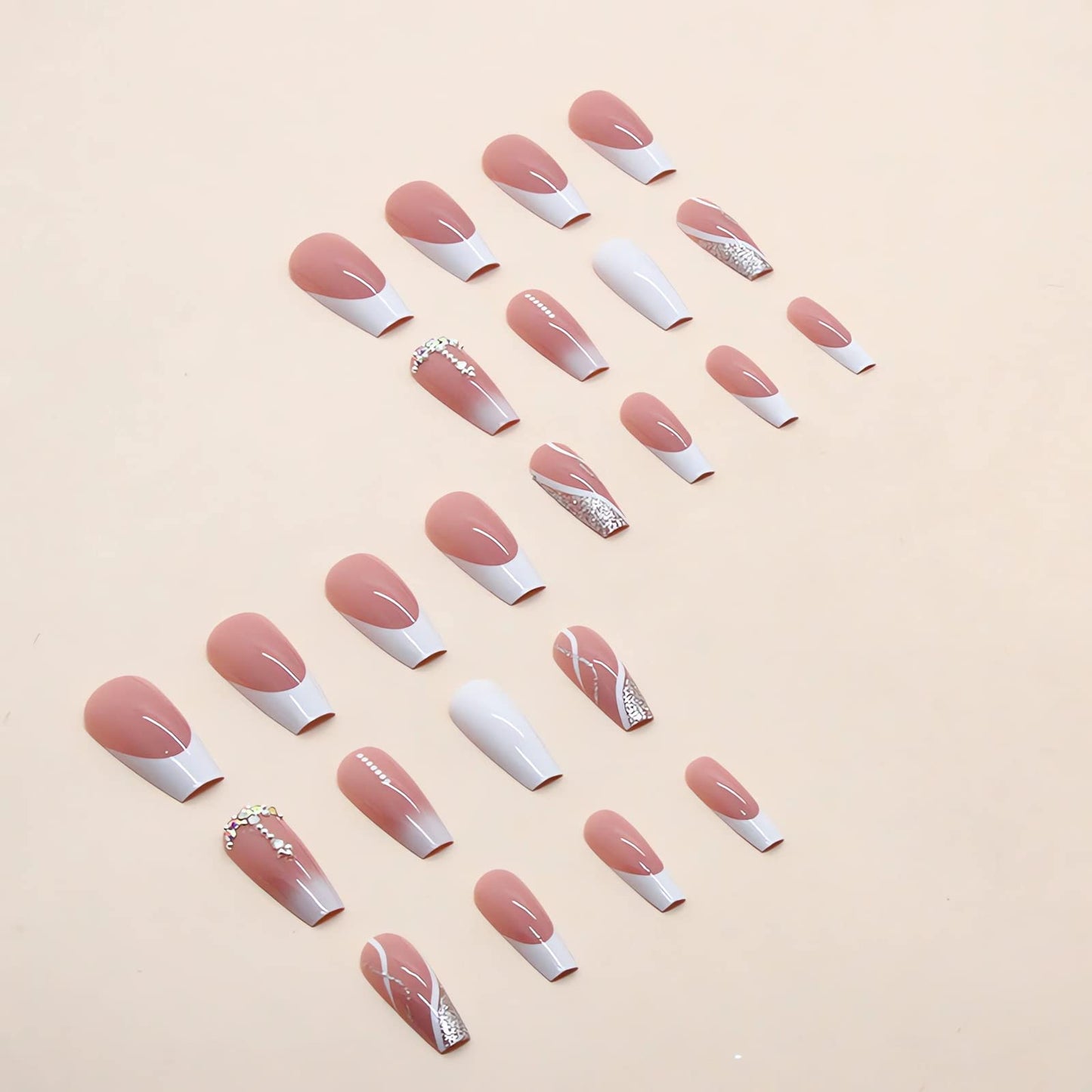IMSOHOT Coffin Press on Nails Long Gradient Fake Nails Pink Rhinestone False Nails with Designs White Ballerina French Glossy Full Cover Acrylic Nails 24Pcs