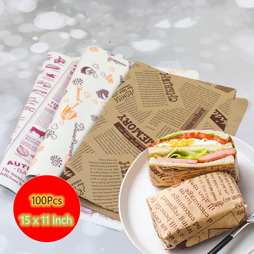 100Pcs Sandwich packaging paper bag Wax Paper Sheets for Food, Basket Liners Food Picnic Paper Sheets Greaseproof Deli Wrapping Sheets, 15 x 11 Inch (pattern)