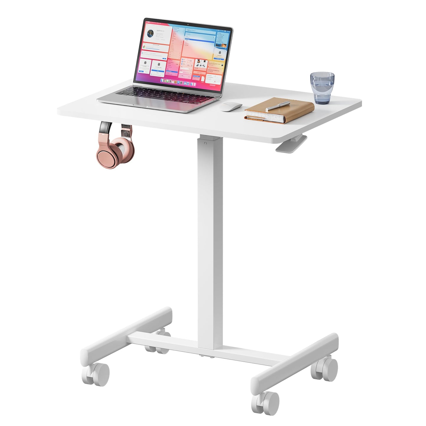 BPHEZJ Mobile Standing Desk with Wheels, Pneumatic Height Adjustable Rolling Computer Workstation with Lockable Casters (White)