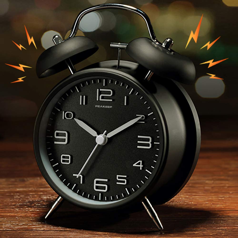 Peakeep 4 Inches Twin Bell Loud Alarm Clock for Heavy Sleepers, Backlight, Battery Operated Old Fashioned Alarm Clock for Bedrooms (3D-Dial, Black)
