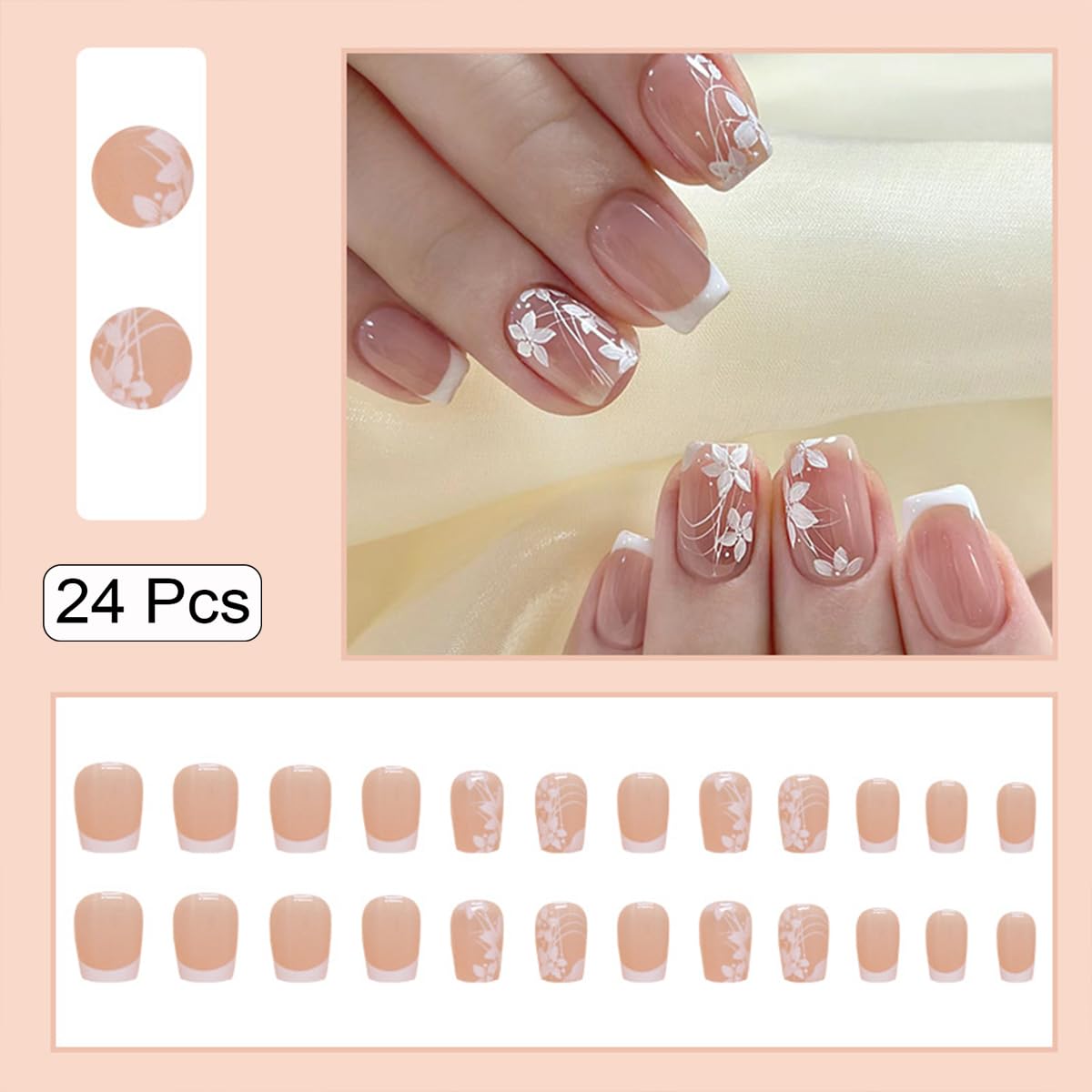 24Pcs Nail Press ons, Short Square Press on Nails French Tip Fake Nails with White Flowers Summer Cute Sweet Design, Artificial False Nails Press On Stick On Nails for Women