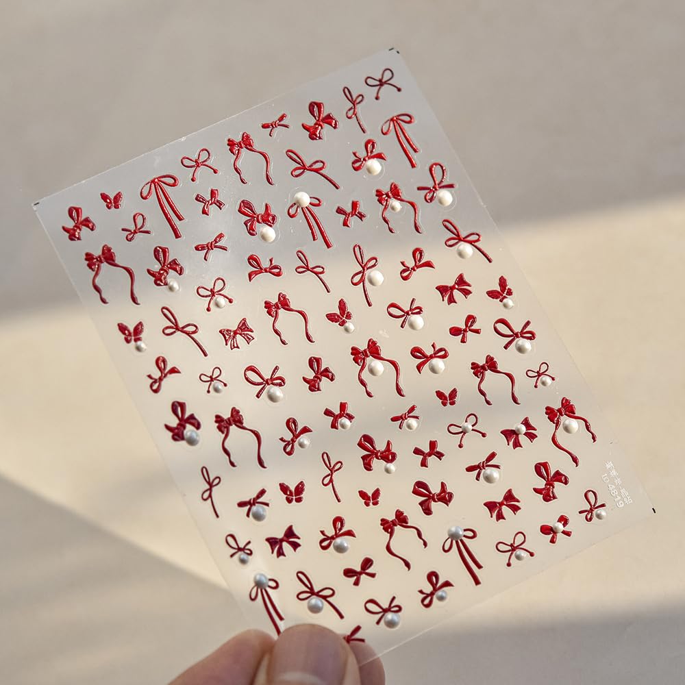 Red Bow Pearls Nail Stickers 5D Embossed – Premium Salon-Quality Nail Charm Accessories, Easy Application & Self-Adhesive Pearled Bows Decal for DIY Manicure, Nail Art, Press on, Home or Salon Use