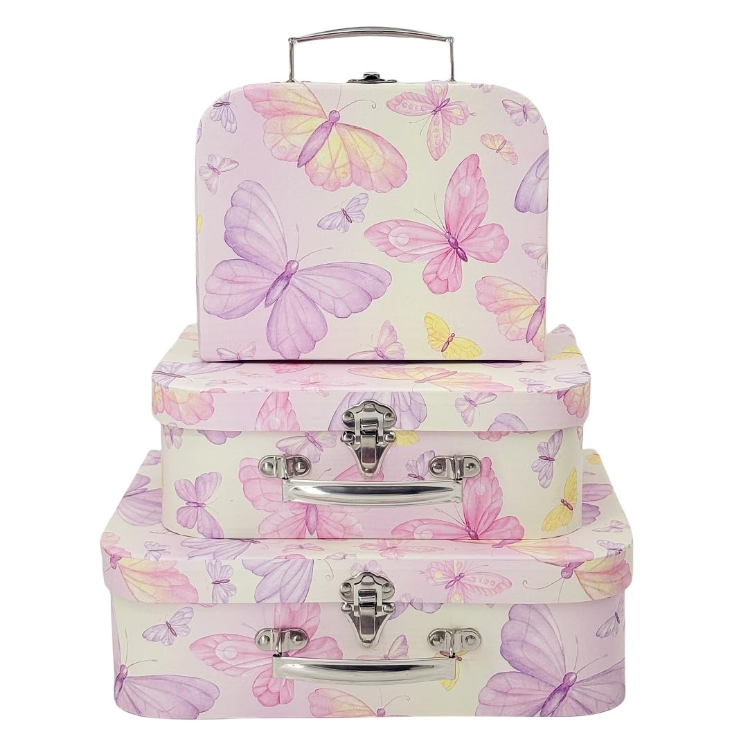 Amedoo Paperboard Suitcases Set of 3 Decorative Storage Boxes with Lids, Mini Suitcases, Cute Boxes (Butterfly)