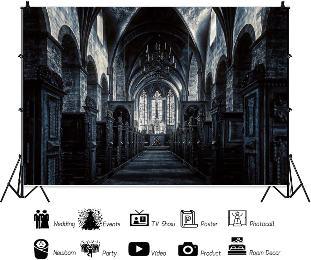 ChloropLastid 8x6ft Scary Church Halloween Backdrop Dark Black Horror Gothic Medieval Castle Interior Photography Background Halloween Night Carnival Theme Party Decor Banner Photo Studio Props