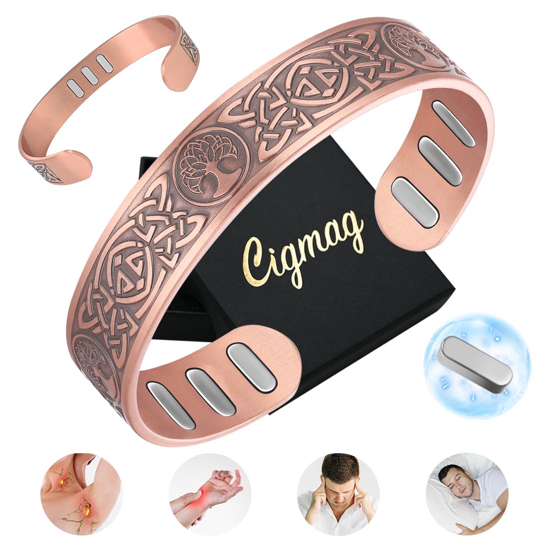 Cigmag Copper Bracelet for Men, with Powerful 9X 5000 Gauss Magnets, Adjustable Solid Pure Copper (Celtic Lotus Life Tree)