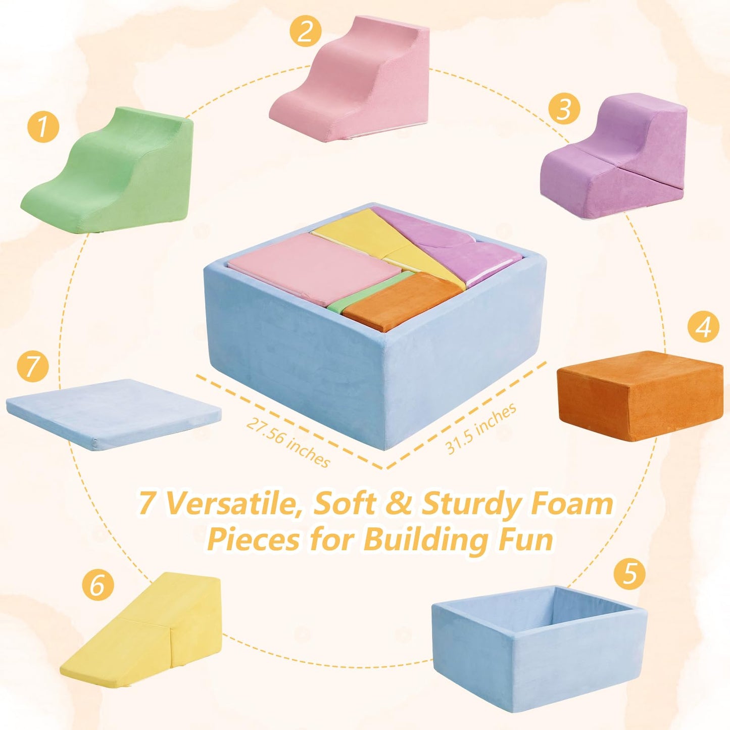 STAOLENE Climbing Toys for Toddlers, 7-Piece Foam Climbing Blocks with Ball Pit, Indoor Soft Play Set for Baby & Toddlers to Crawl, Climb, Motor Skills Development (Balls Not Included)