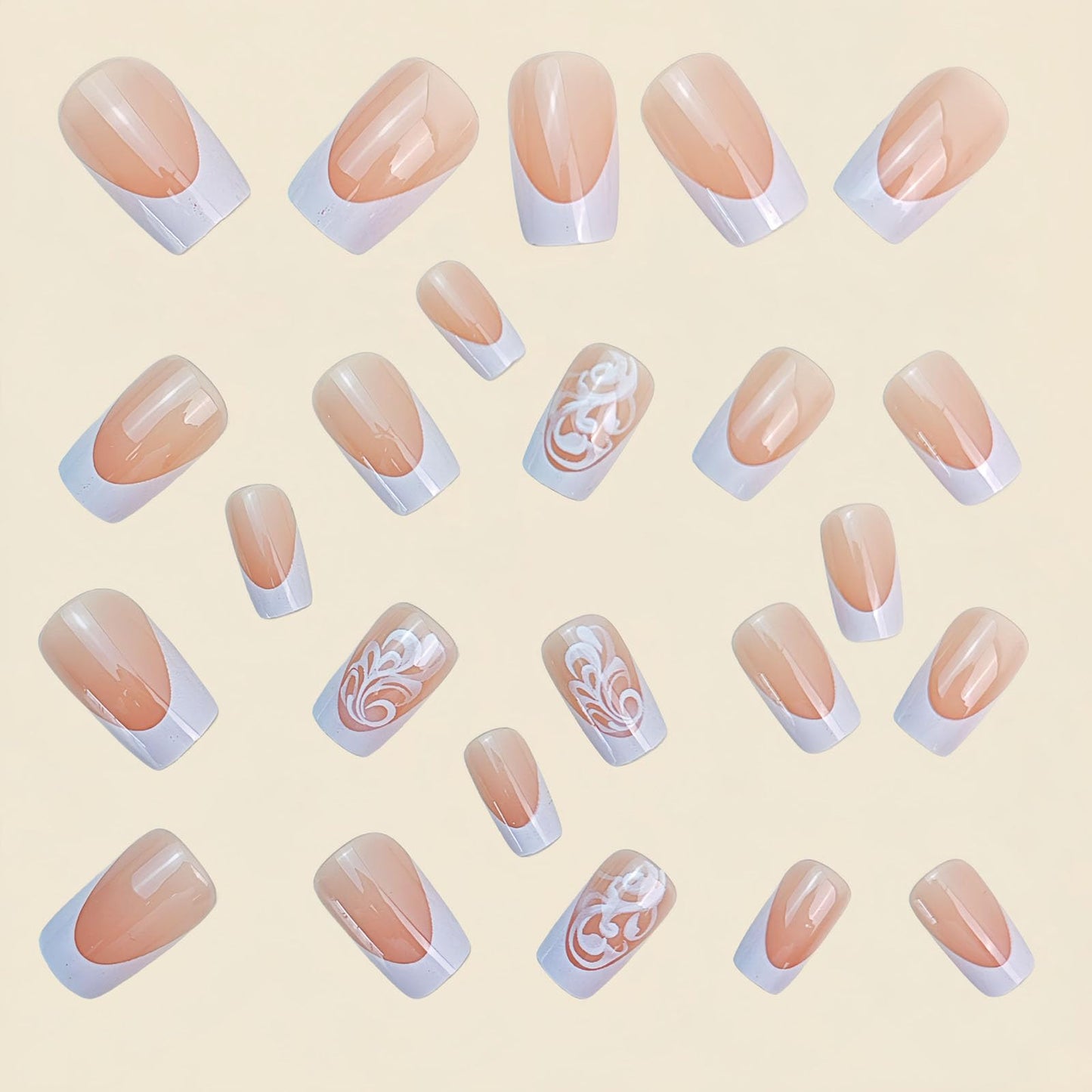 French Tip Press on Nails Medium Square Fake Nails with White Lines Designs Glossy Nails Press ons Nude Glue on Nails Cute Acrylic Nails Artificial Stick on Nails for Women 24Pcs