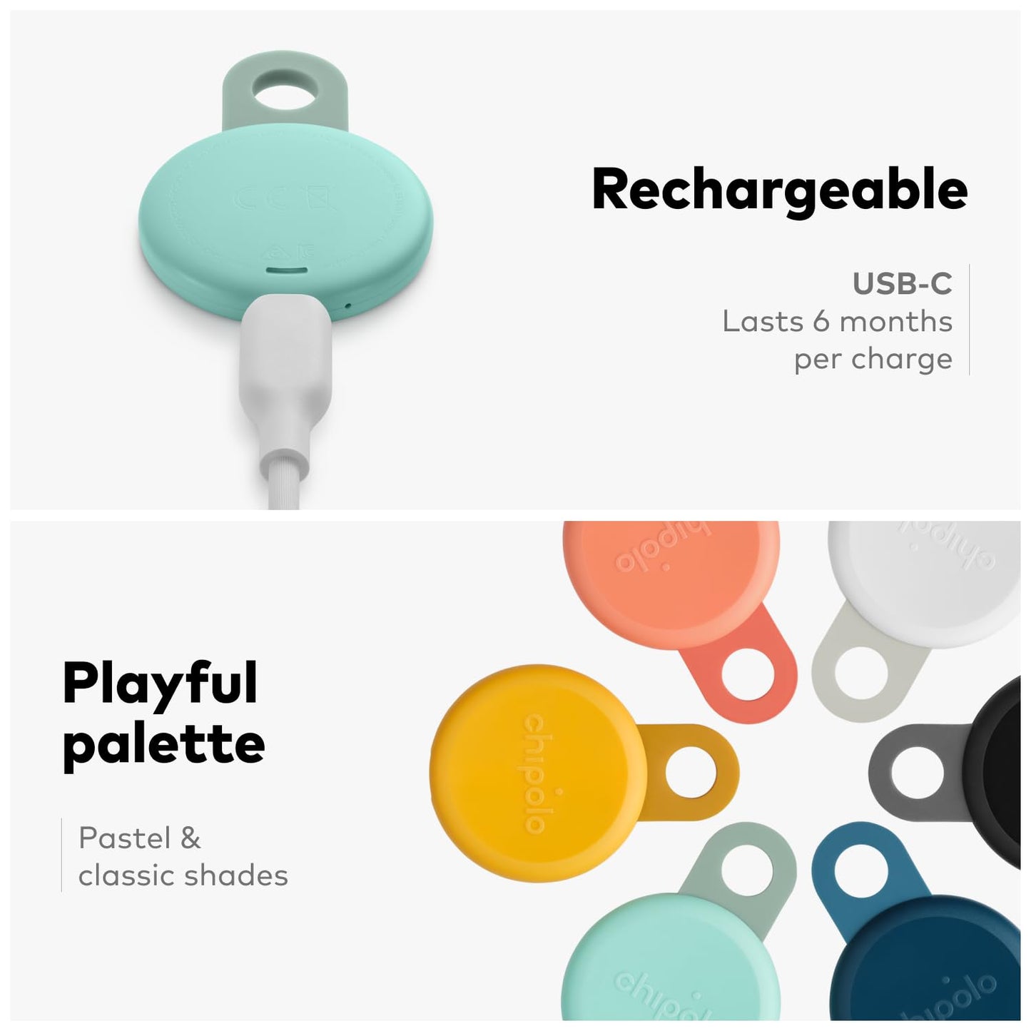 Chipolo LOOP - Rechargeable Bluetooth Tracker for Key and Pocket Location, Compatible with Apple or Google, Call Your Phone & Out of Range Alerts for Android