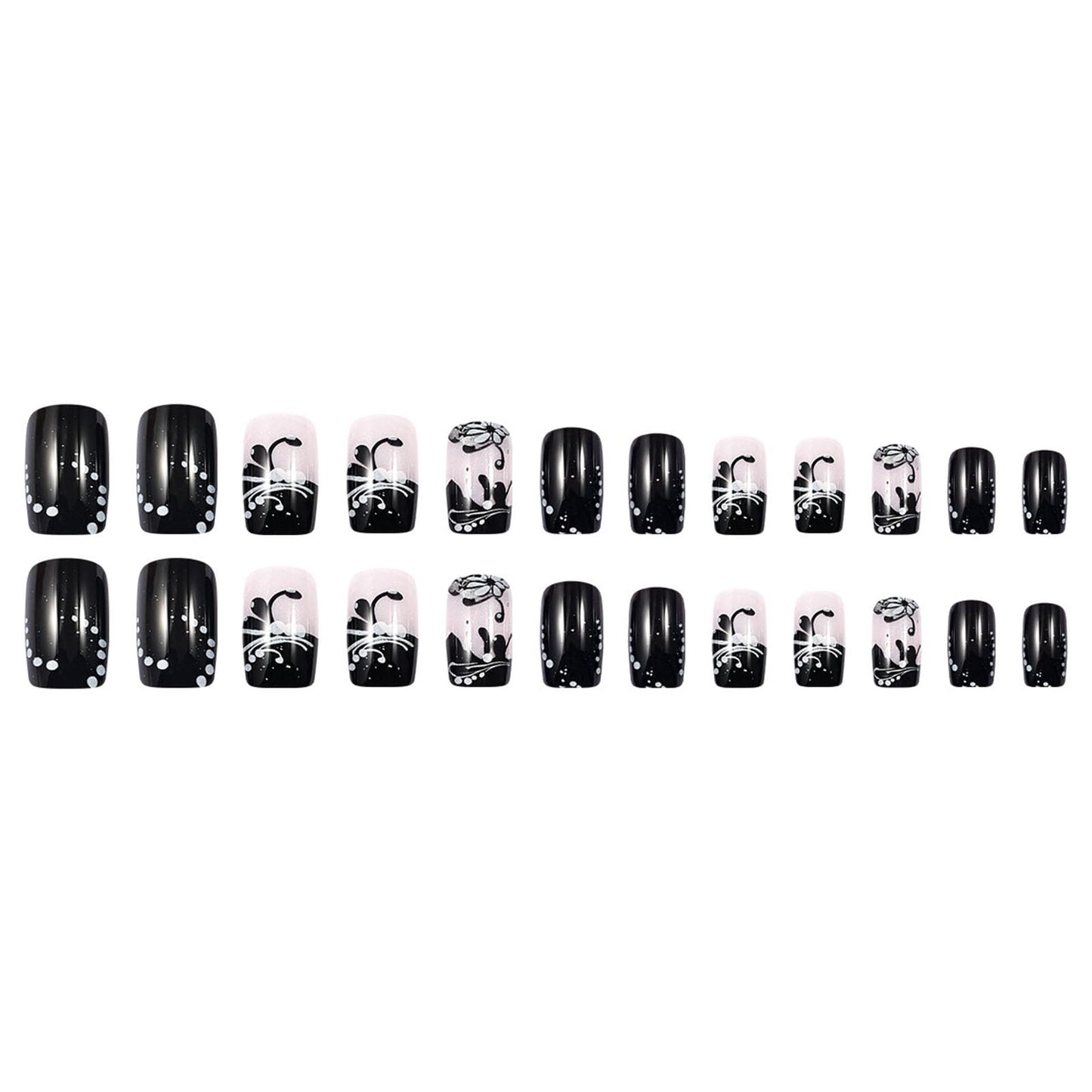Square Medium Press on Nails French Tip Fake Nails with White Flower Dotted Lines Designs Glossy Glue on Nails Black Full Cover Nails Press ons Acrylic Artificial Stick on Nails for Women 24Pcs