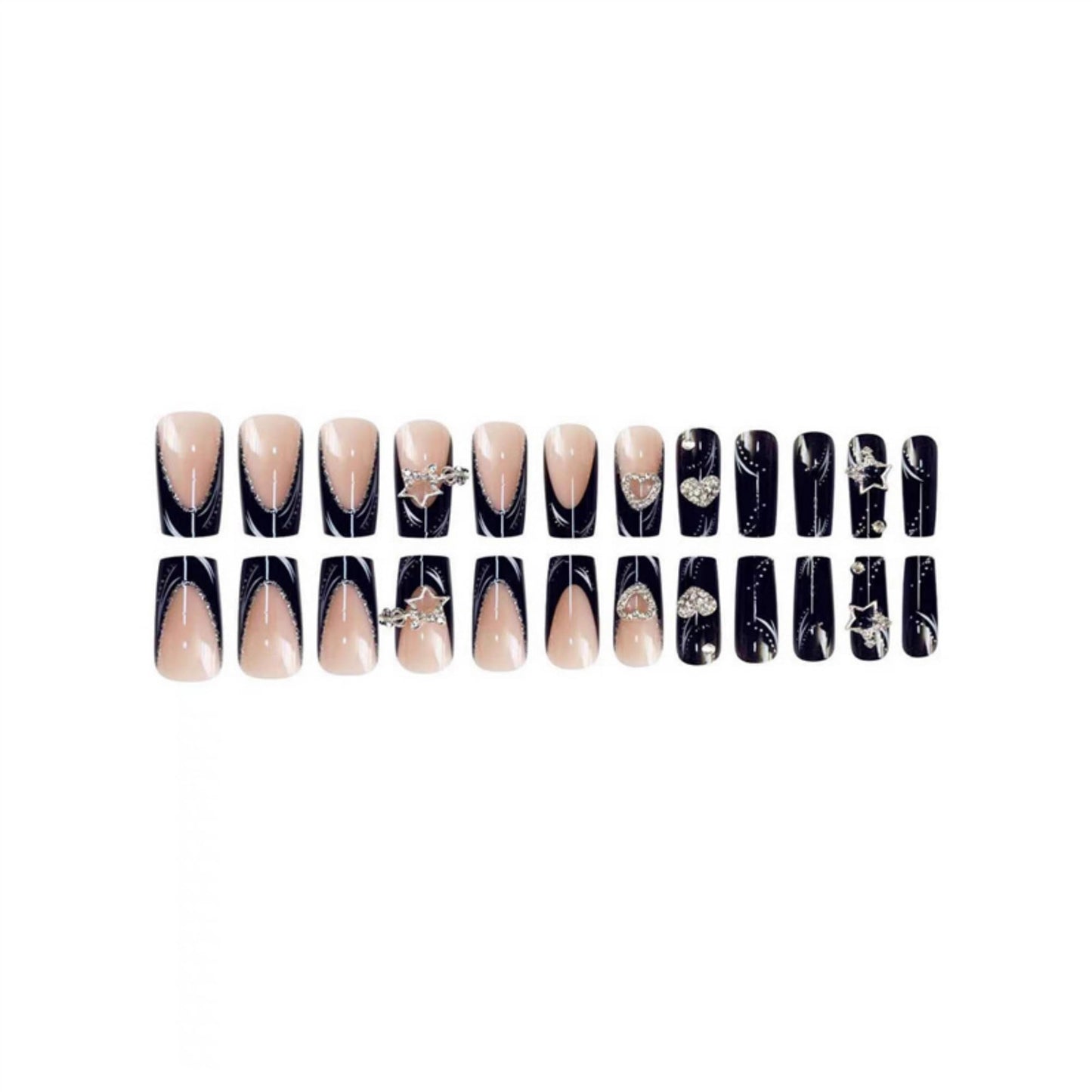 Long Press on Nails Square Fake Nails Black Artificial Nail French Stars and Heart Designs Stick on Nail for Women 24pcs
