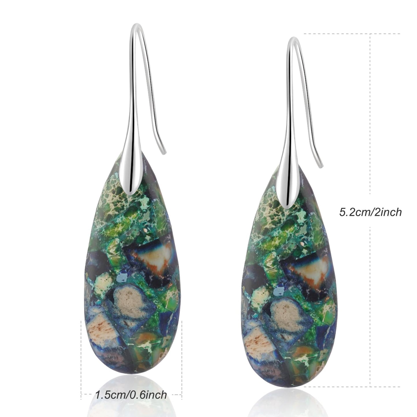 Sriomu Natural Healing Stone Fishhoop Dangle Drop Earrings Statement Gold silver earrings (Green Blue-Silver Hook)