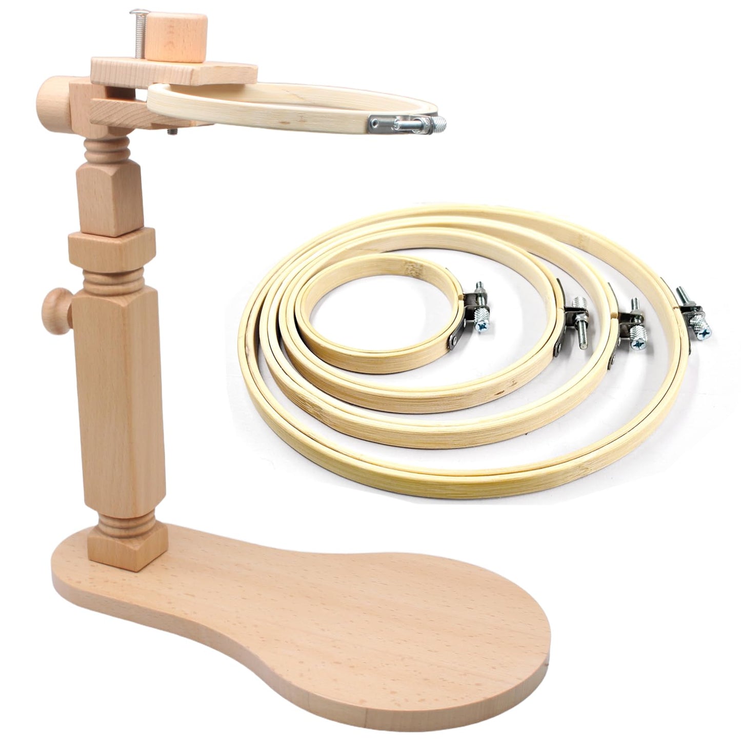 Biaungdo Adjustable Rotated Embroidery Hoop Stand with 5 Pack 5 Sizes Hoop, Wooden Embroidery Holder Frame for Cross Stitch, DIY Craft Sewing Projects