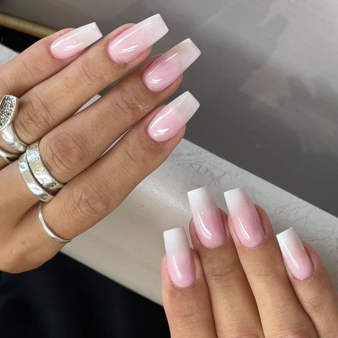 Ombre Pink Press On Nails Medium Long Square, Xcreando Medium Coffin Nails Acrylic Press ons Glue on Nails Long Length Fake Nail for Women, Natural Thick Artificial Nail Stick on
