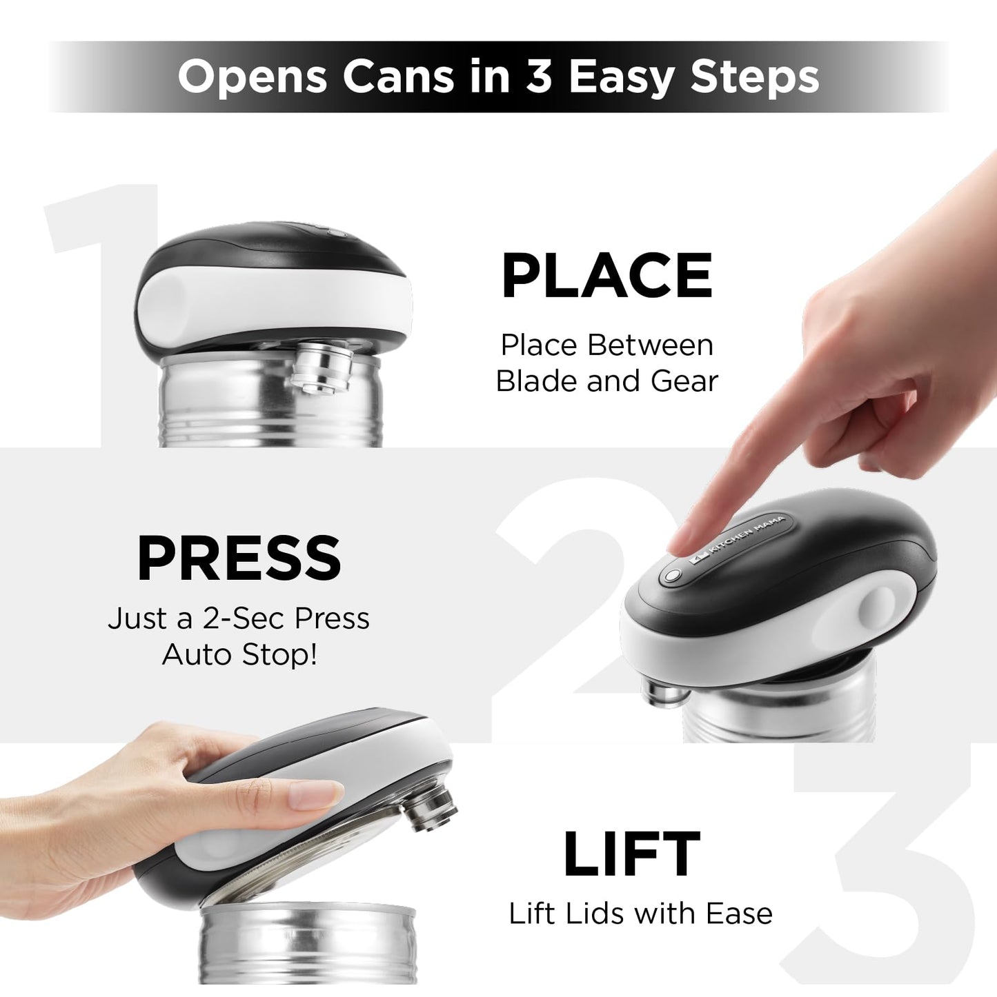 Kitchen Mama One-To-Go Electric Can Opener: One Touch, Auto Stop, Smooth Edge, Lid Lift, Safety, Automatic, Magnetic, Cordless, Battery Operated, Kitchen Appliance for Senior with Arthritis (White)