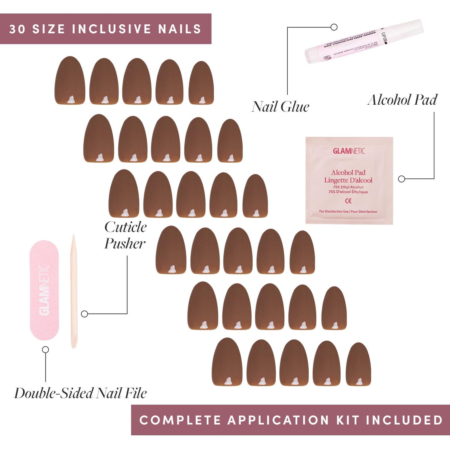 Glamnetic Press-On Nails - Chocolate Brown | Muted Soft Brown Short Oval False Nails | 15 Sizes - 30 Nail Kit with Glue and Remover