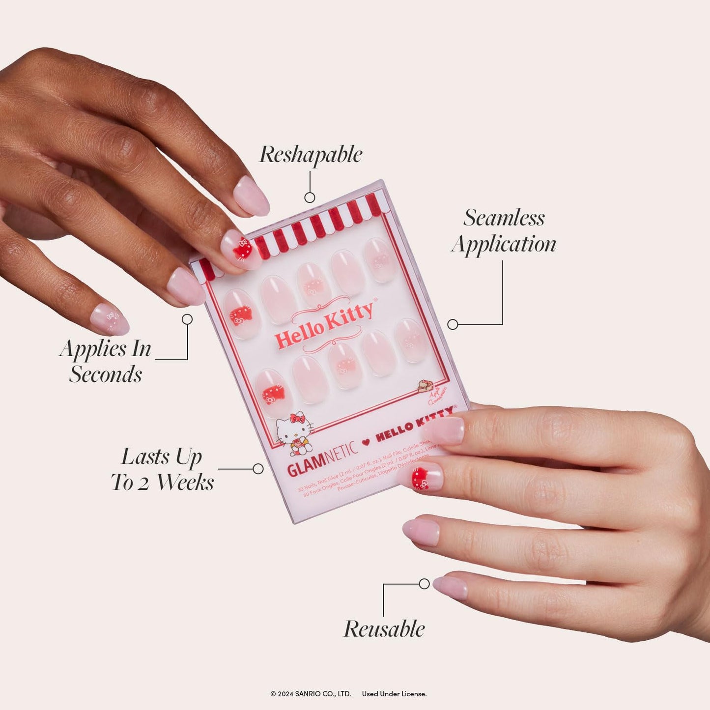 Glamnetic x Hello Kitty® and Friends Press-On Nails & Adhesive Nail Tabs - Hello Kitty® Red | Short Coffin Red French Tip Fake Nails, Reusable |