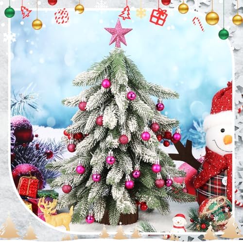 RoundFunny 25 Pcs Mini Christmas Balls Ornaments Set 0.79 Inch Christmas Day Ball Topper Star Tree Hanging Ornaments for Party Decoration(Rose Red)