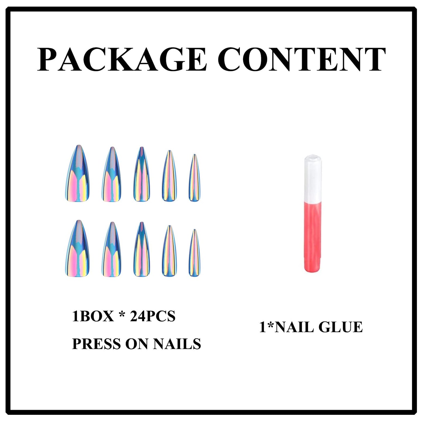 MERVF Long Press on Nails Stiletto Fake Nails Blue Cat Eye Glue ons with Electroplate Chrome Design Almond Acrylic False Nail for Women Glossy 24pcs