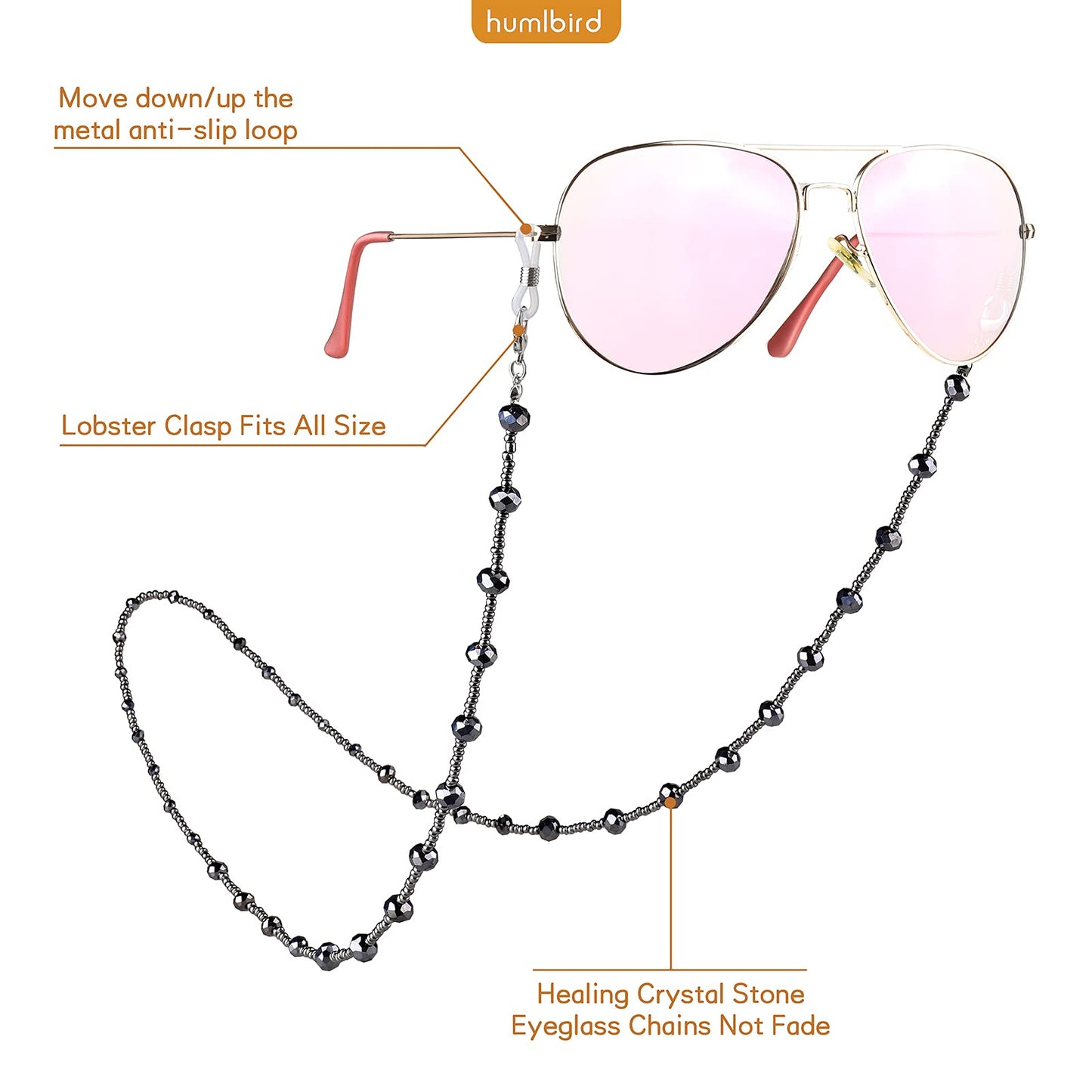 humlbird Eyeglass Chain for Women Stylish Mask Lanyard Natural Crystal Mask Chain Eye Glasses Holder Strap, Black