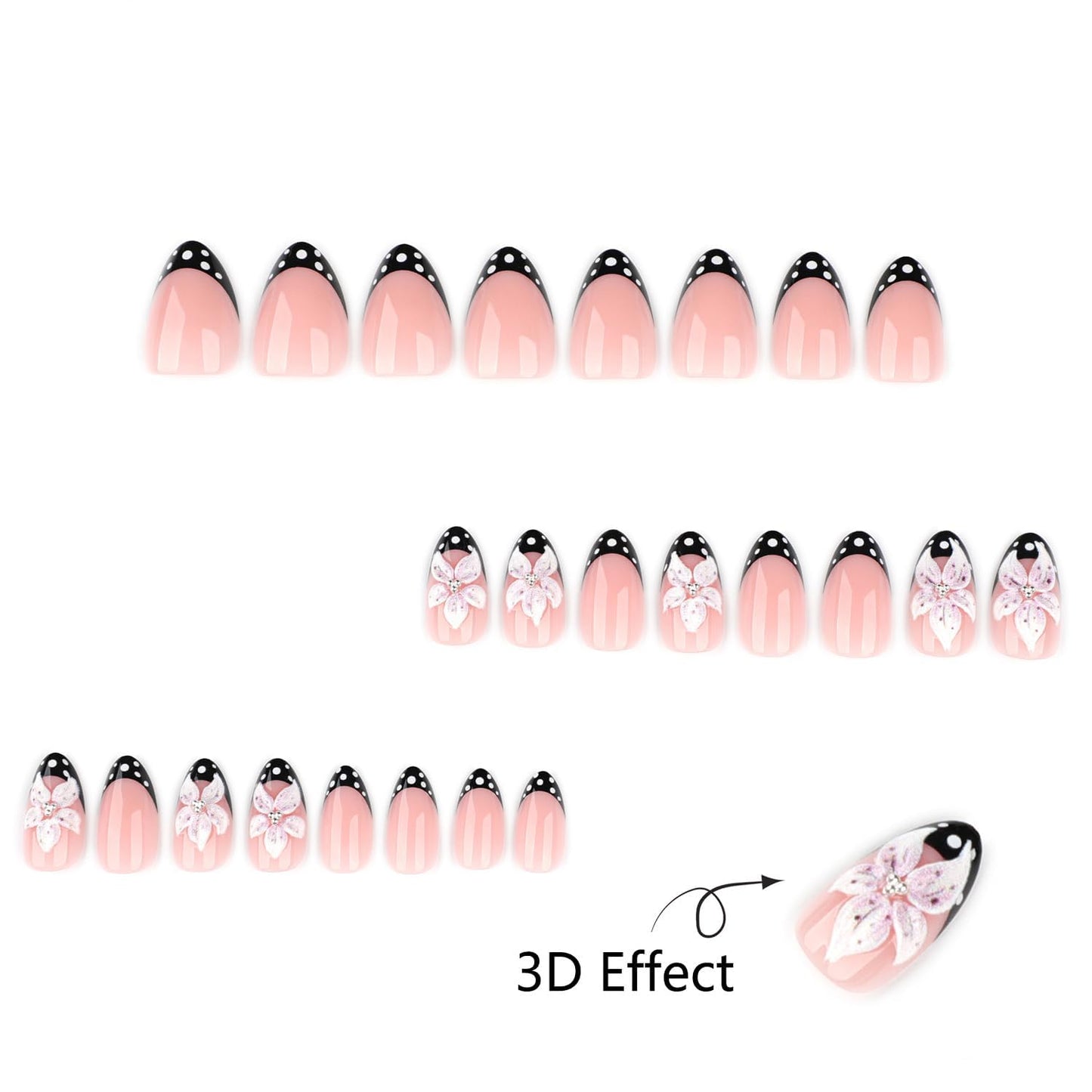 3D Flower Press on Nails Short Almond Nails Press ons with Black French Tip Designs Polka Dot Fake Nails Nude Pink False Nails Reusable Glue On Fake Nails for Women Salon Quality Manicure Set