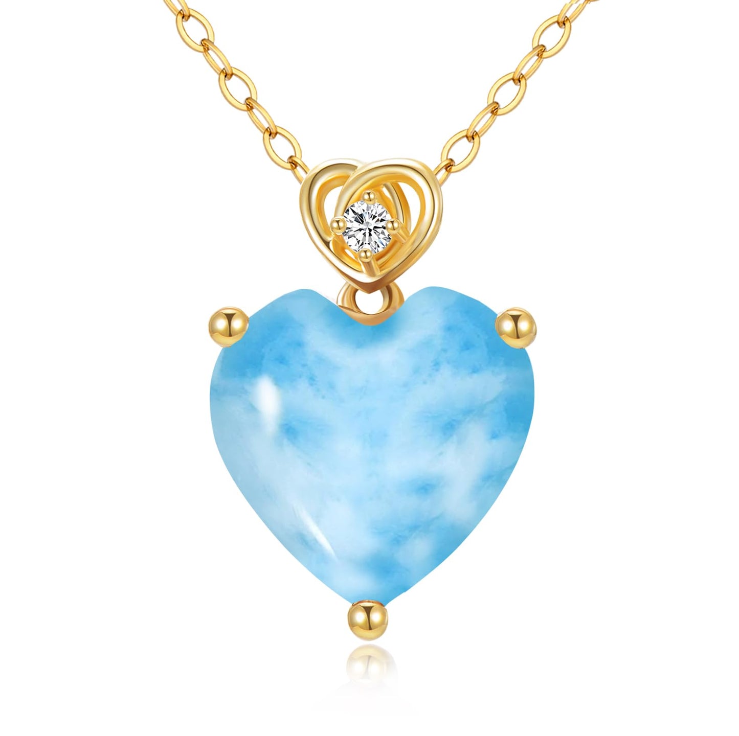 NFYBD 14k Gold Love Heart Larimar Birthstone Pendant Necklace for Women 3 Carat Heart-cut Created Gemstone Anniversary Birthday Mother's Day Necklaces for Her 16+1+1 inch