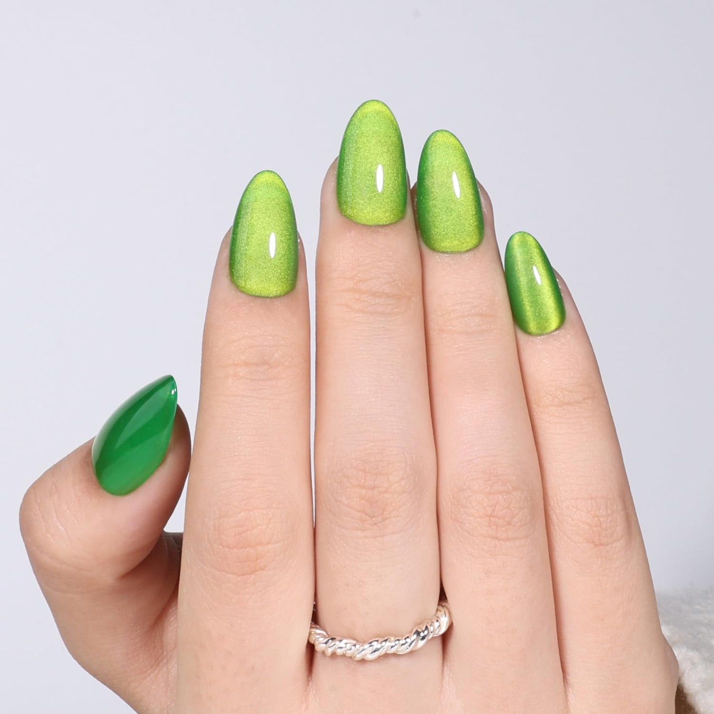 Leefrei Green Cat Eye Press On Nails - Glossy Short Almond Press on Nails Shamrock Nails Press Ons for Women DIY Fake Nails Kit with Glue, Reusable Glue on Nails Short in 16 Sizes - 32pcs, Jade Green