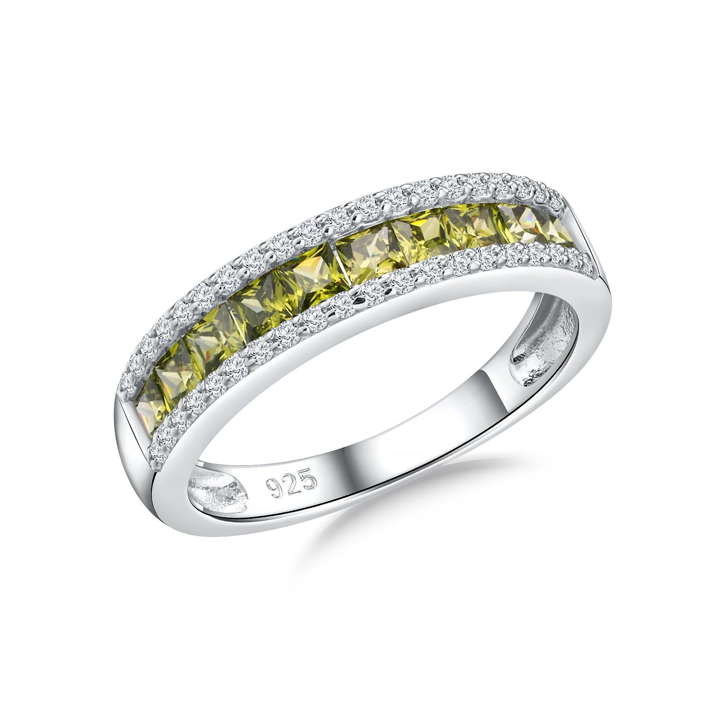 RANDES Peridot Ring August Birthstone Ring 925 Sterling Silver Band Rings for Women Channel Set Princess Cut Eternity Band Size 10