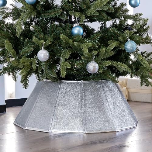 Blissun Fabric Christmas Tree Collar - Glittering Ring and Willow Skirt for Tree Decorations (Glitter Silver)
