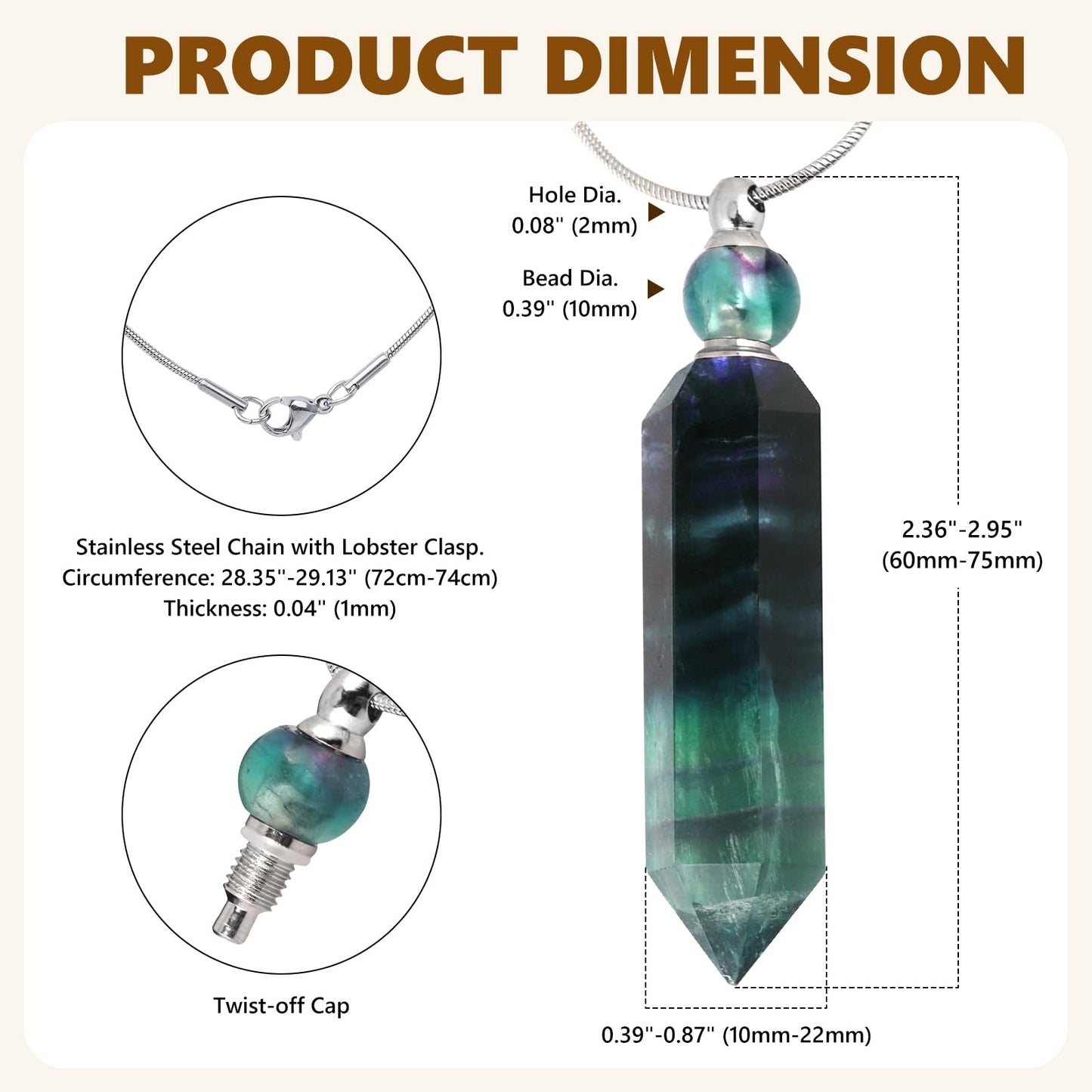 SUNYIK Fluorite Stone Essential Oil Diffuser Necklace for Women, Hexagonal Pointed Healing Crystal Perfume Bottle Pendant with Chain for Men, 28"
