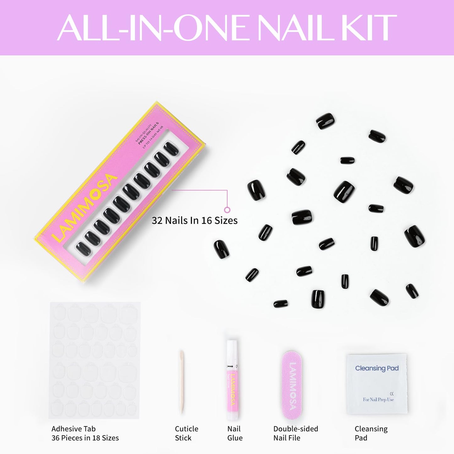 LAMIMOSA 32Pcs Black Press on Nails Short Square - Soft Gel Fake Nails in 16 Sizes, Reusable Solid Color Glue on Nails Kit, MIDNIGHT