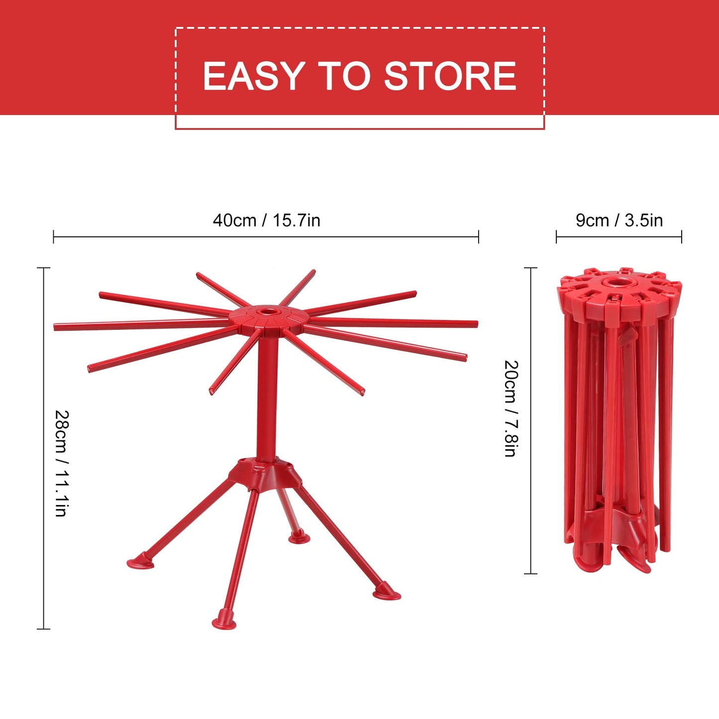 Cambom Foldable Pasta Drying Rack- Plastic Spaghetti Noodle Dryer with 10 Bar Handles Red