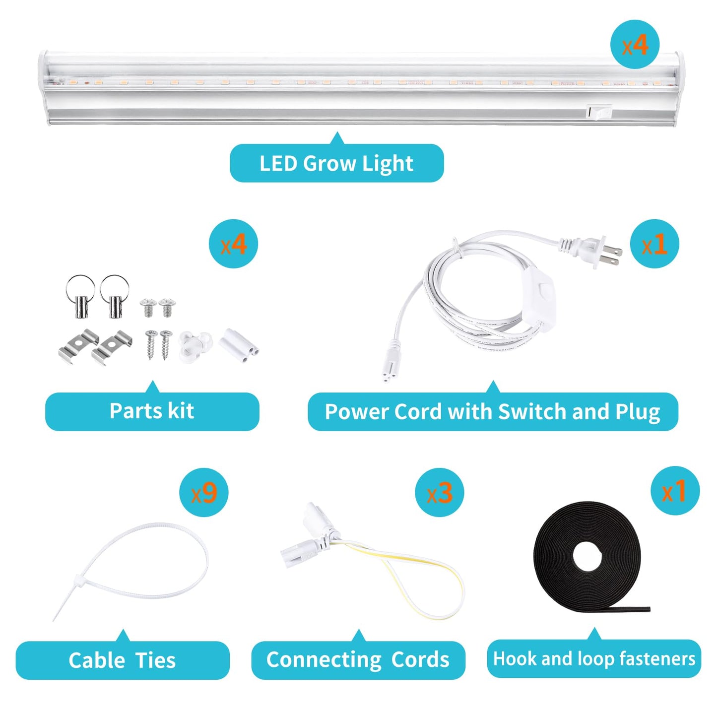 Hywyimlait 1FT Indoor Plant Grow Light, Full Spectrum Sunlight, T5 Grow Lamp with Side Switch, LED Growth Light Bulb, Plug and Play, Easy Installation, Suitable for Greenhouse Seedlings, 4 Pack