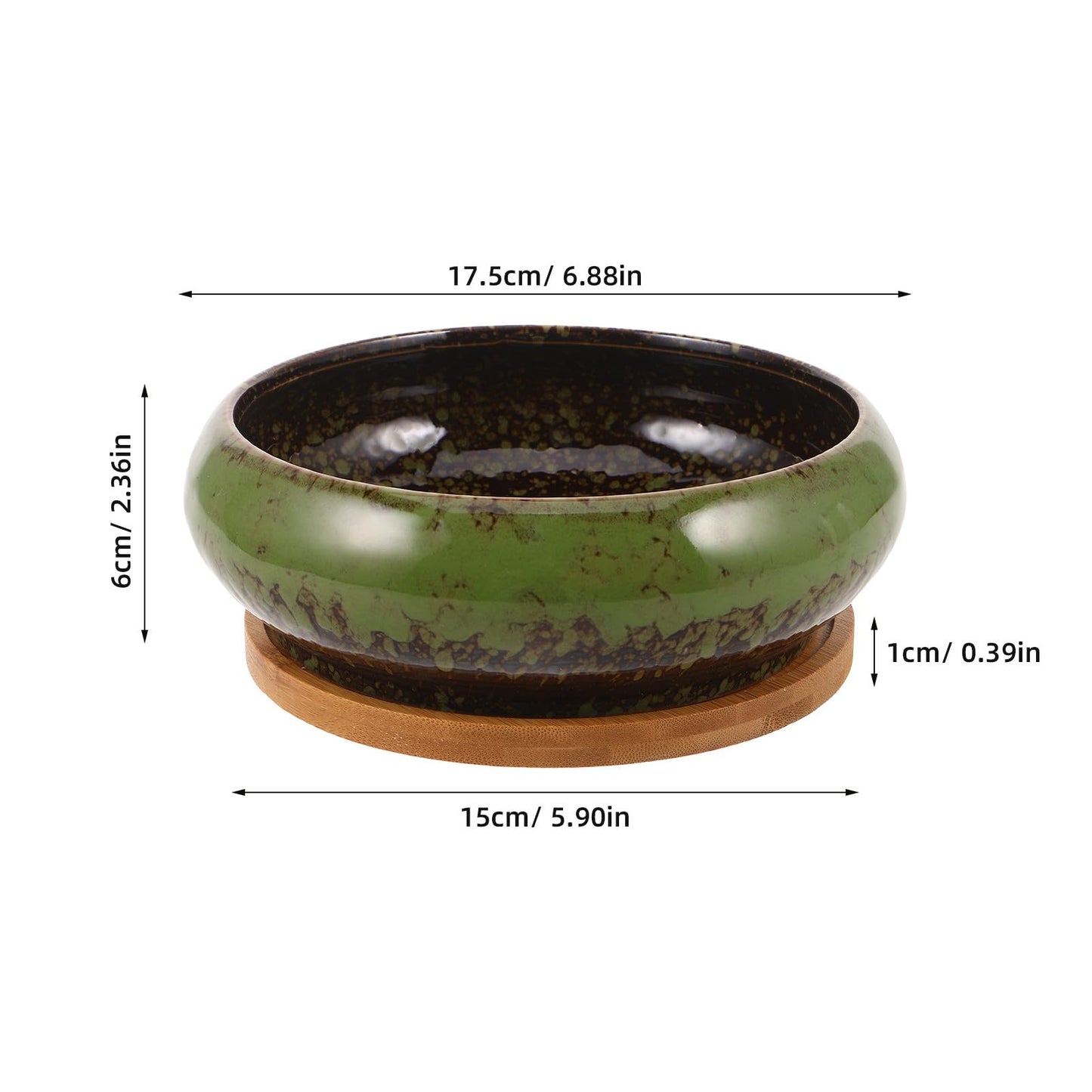 DECHOUS Ceramic Lotus Bowl Planter 7 Inch Round Shallow Succulent Planter Glazed Flower Plants Pot with Bamboo Tray for Lotus Seeds, Bonsai, Home Indoor Decor