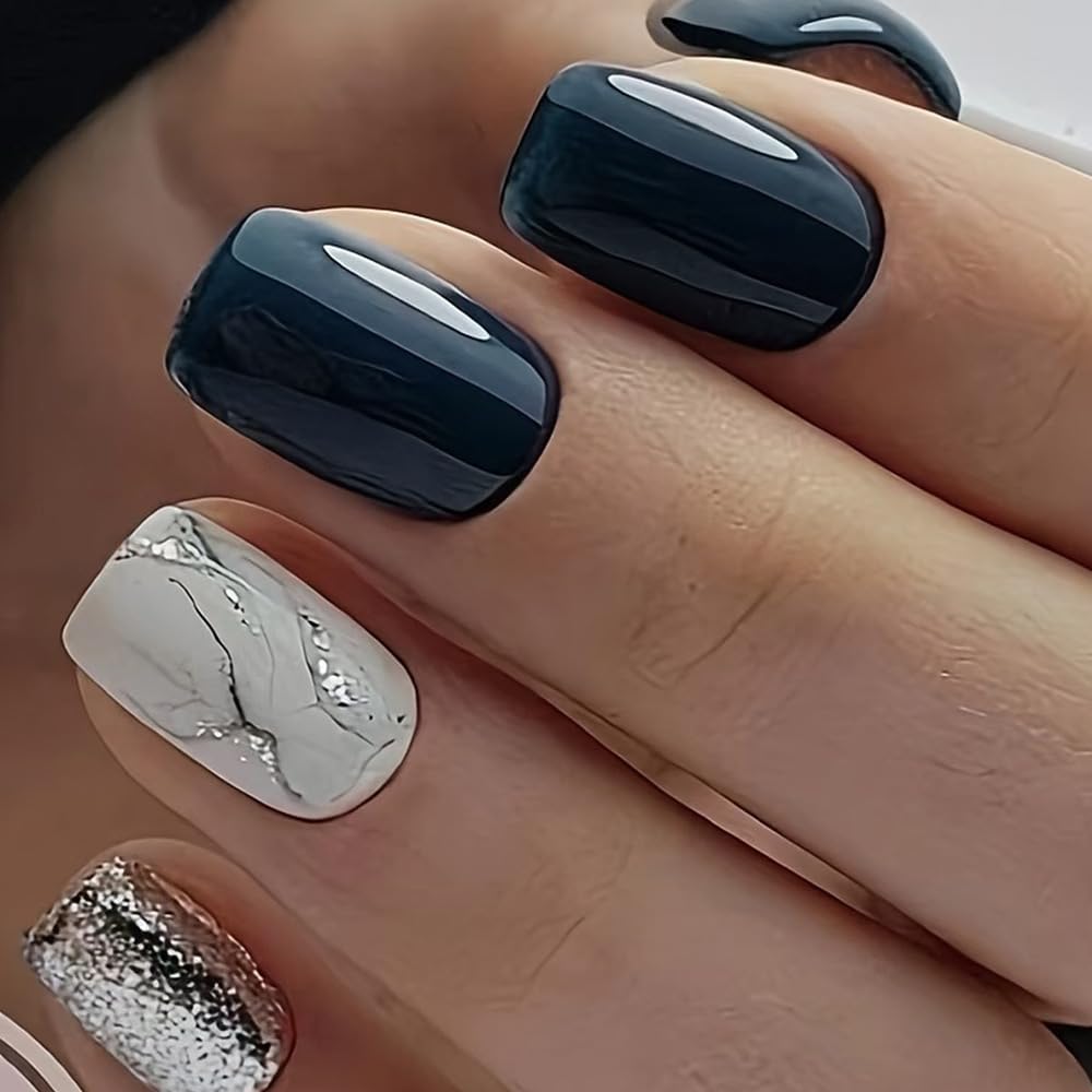 Medium Square Press On Nails Dark Blue Fake Nails Marbling With Glitter Design Full Cover Acrylic False Nails Artificial Glossy Glue On Nail Stick On Nail For Women Manicure 24pcs