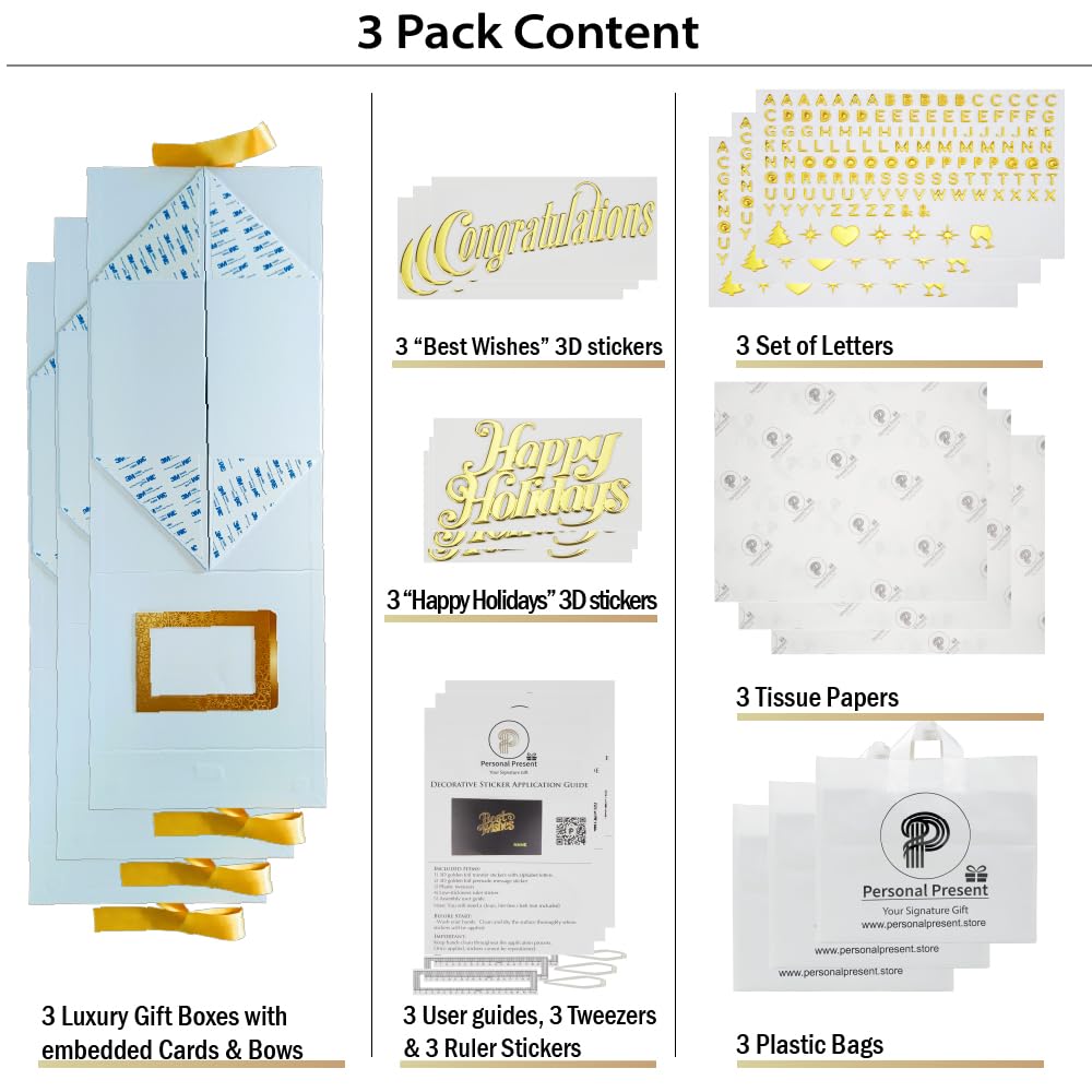 Medium Pack Of 3 Luxury White Gift Box 10x8x5 Inches – Personalized Mother's Name DIY Kit, Magnetic Lid & Bow – 3D “Congratulations” Text, Card & Bag – Mother's day, Birthdays, Weddings, Bridesmaid Proposals & More