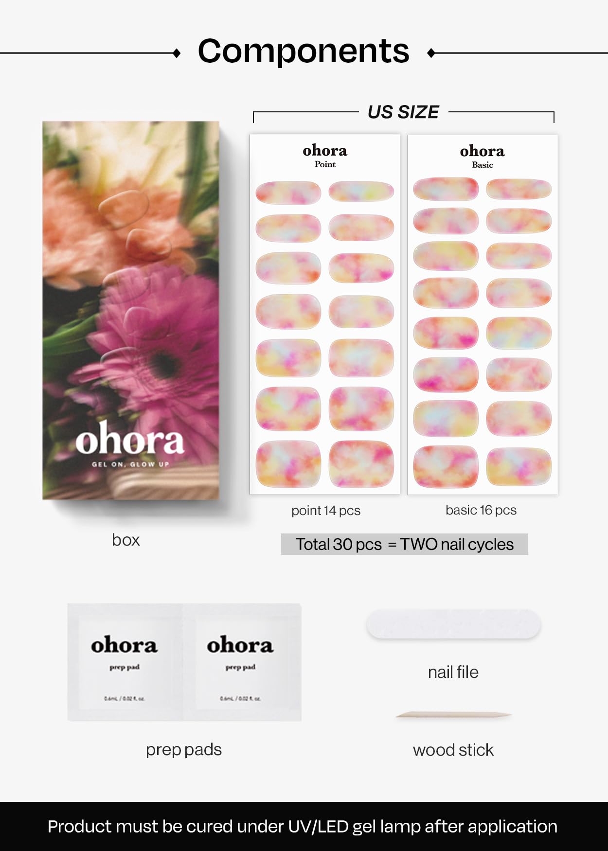 ohora Semi Cured Gel Nail Strips (N Floral Fantasy) - Rainbow, Ombre, Works with Any UV/LED Lamps, Salon-Quality, Long Lasting, Easy to Apply & Remove - Includes 2 Prep Pads, Nail File & Wooden Stick