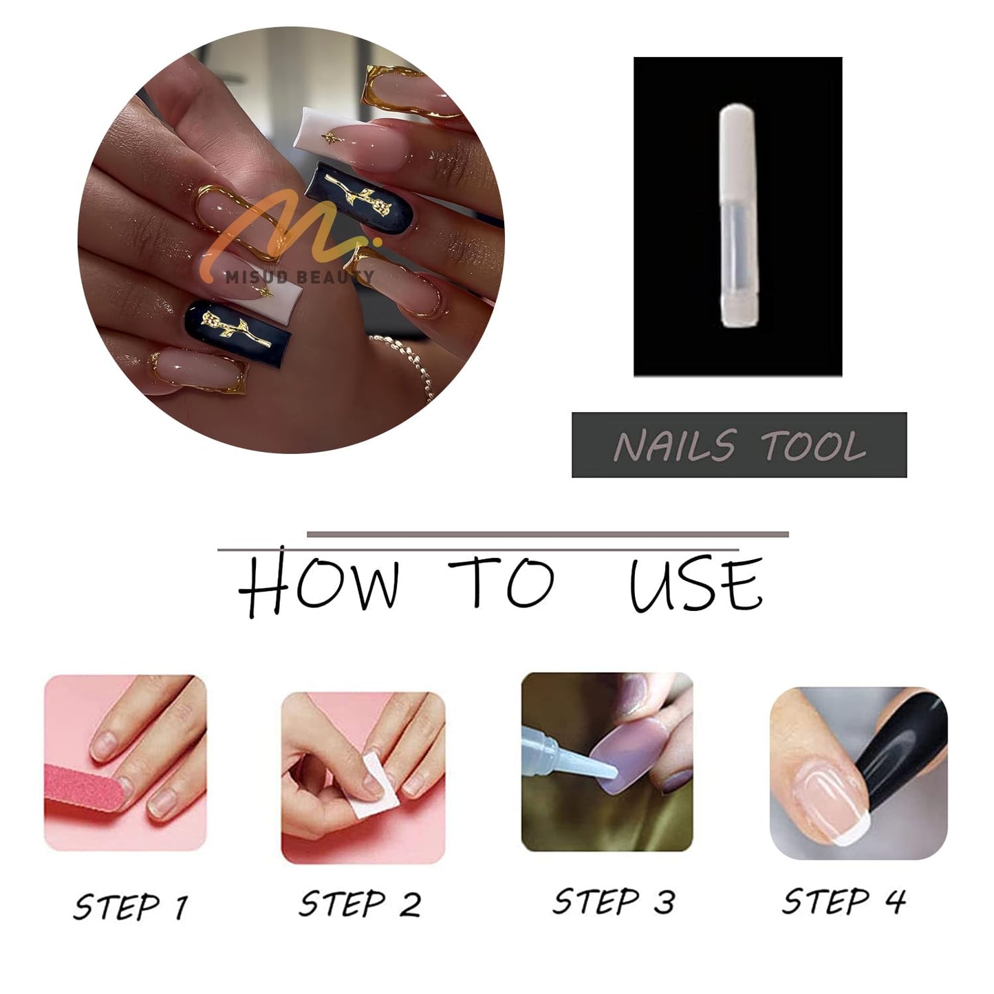 MISUD Press on Nails - Long Square Glue on Nails with White Gold Chrome, Acrylic Charms Design 24 pcs