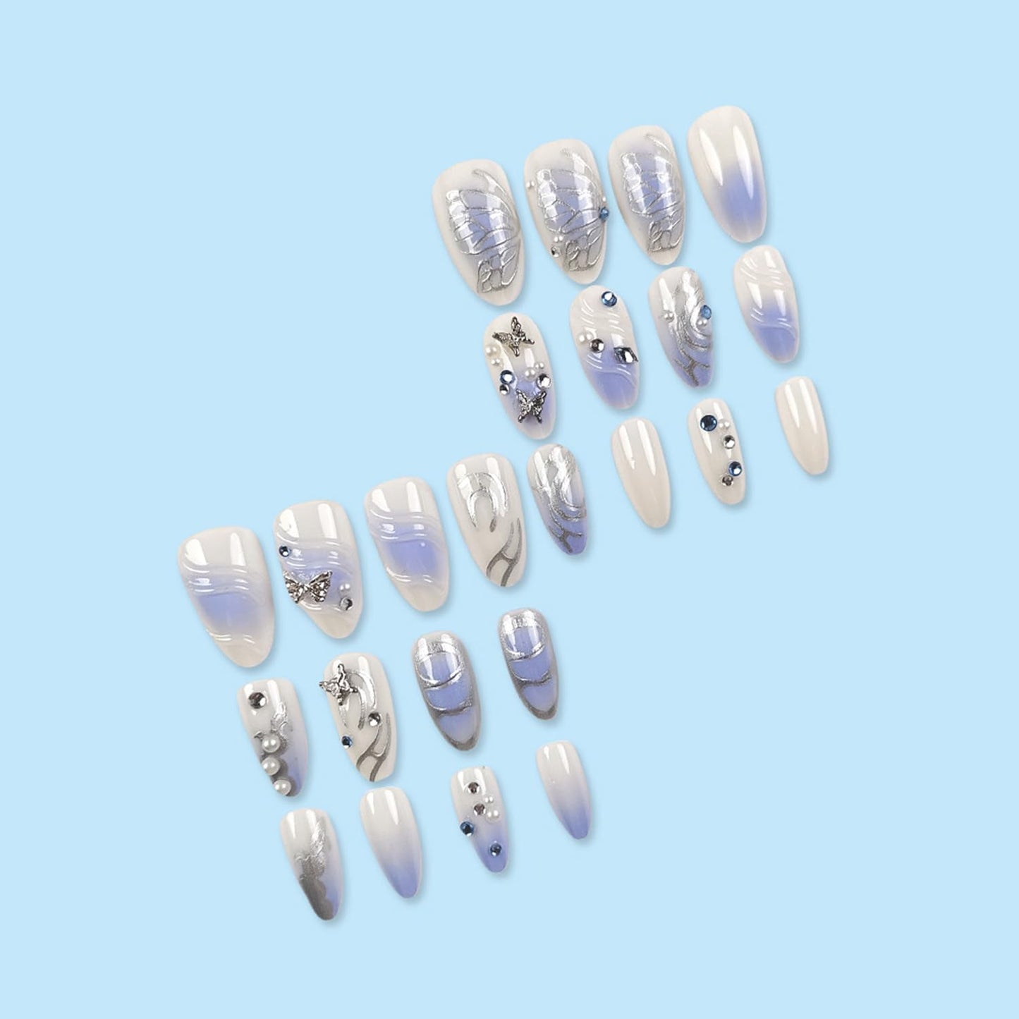 24Pcs French Tip Press on Nails Medium Almond Fake Nail with 3D Ripple Silver Irregular Stripe Pearl Design Cute Butterfly False Nail Light Color Full Cover Artificial Handmade Stick on Nail for Women