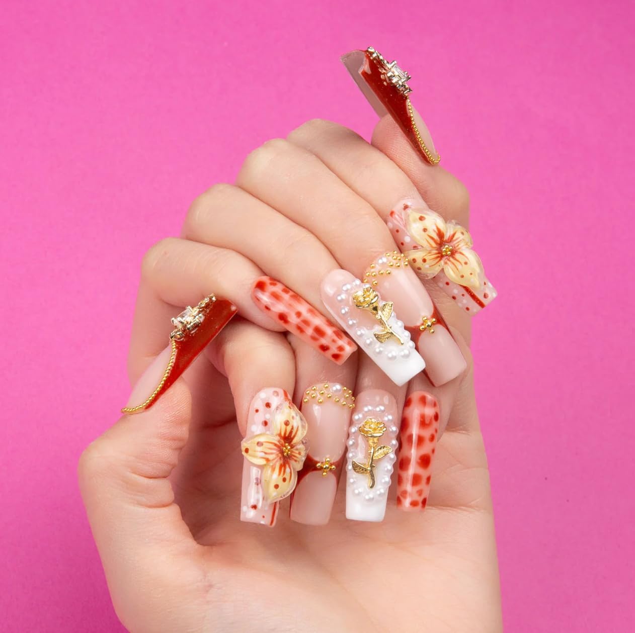 LOVFUL Reusable Press on Nails | Salon Quality Sustainable Style Handmade with Full Covered Crystals | Square Regular 1.0 in | (Vintage Boho Chic, S)