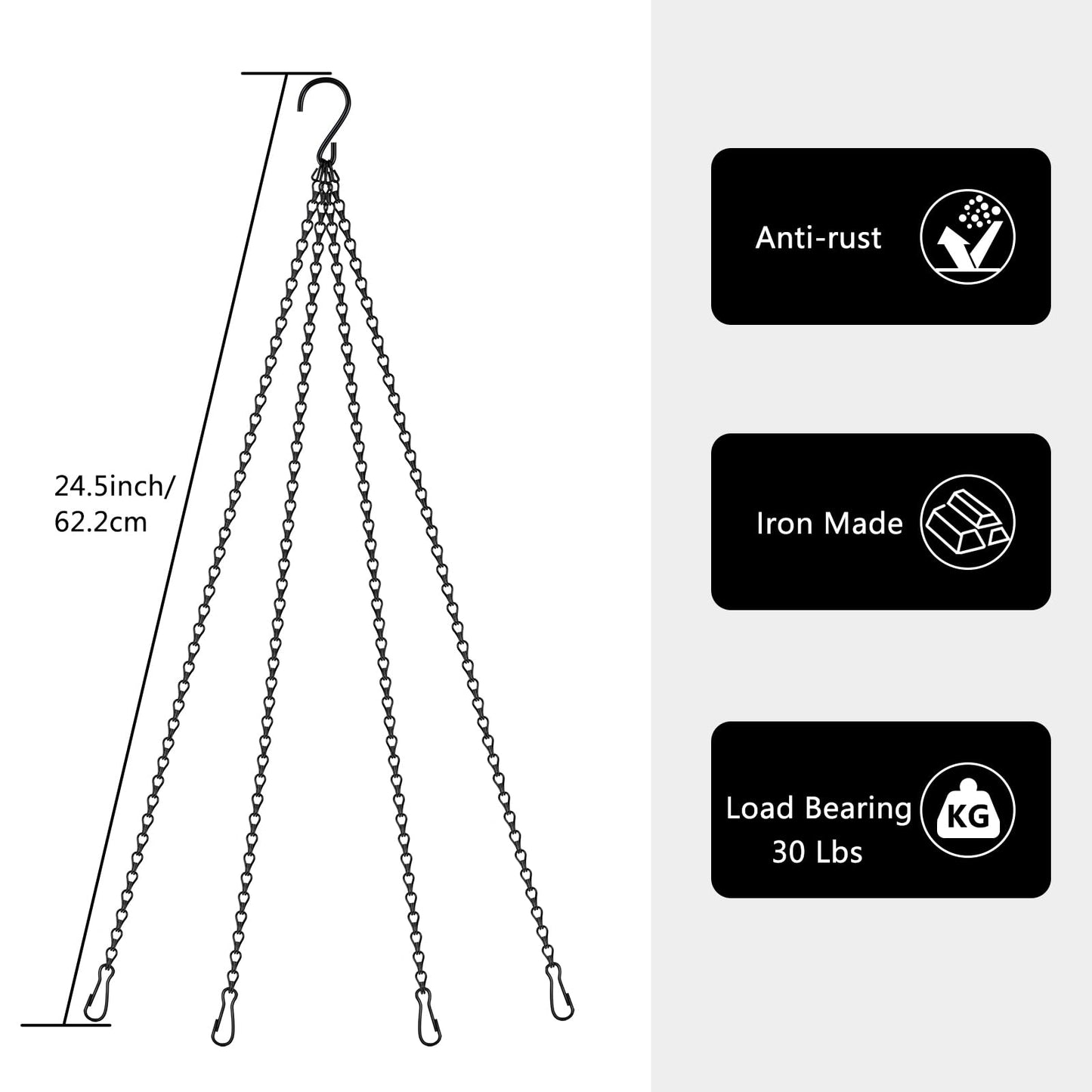 garini 4 Pack,24.5 Inch Hanging Baskets Chain,Black Hanging Chain with 4 Hooks Flower Pot Chain Replacement Plant Hangers for Bird Feeders,Planters Wind Chimes and Decorative