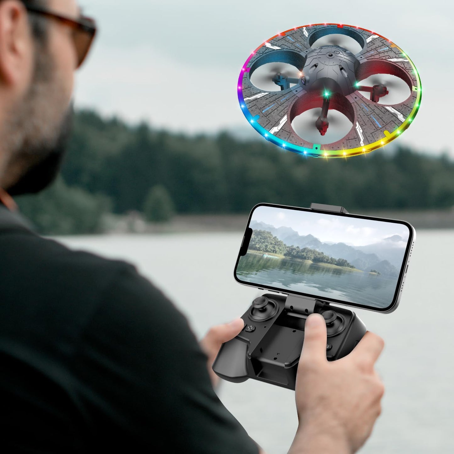 Round Foam RC UFO Drone with Camera, Multi-Color LED Lights (Color Switching), 360° Flips, Speed Adjustment, Beginner-Friendly FPV Quadcopter Airplane (Black)