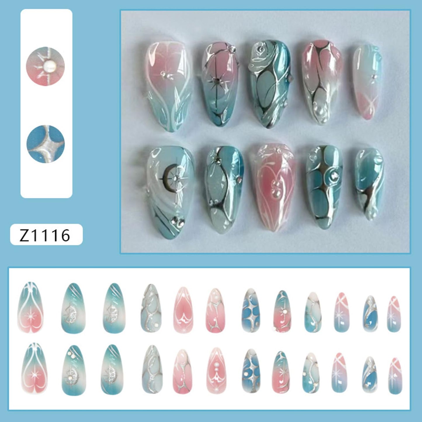 CJDLTS Medium Almond Shaped Gradient Blush 3D Silver Star Irregular Lines with Pearl Stick on Nails Full Cover Reusable Coffin Press on Nails Artificial Acrylic Fingernails for Women Manicure 24Pcs