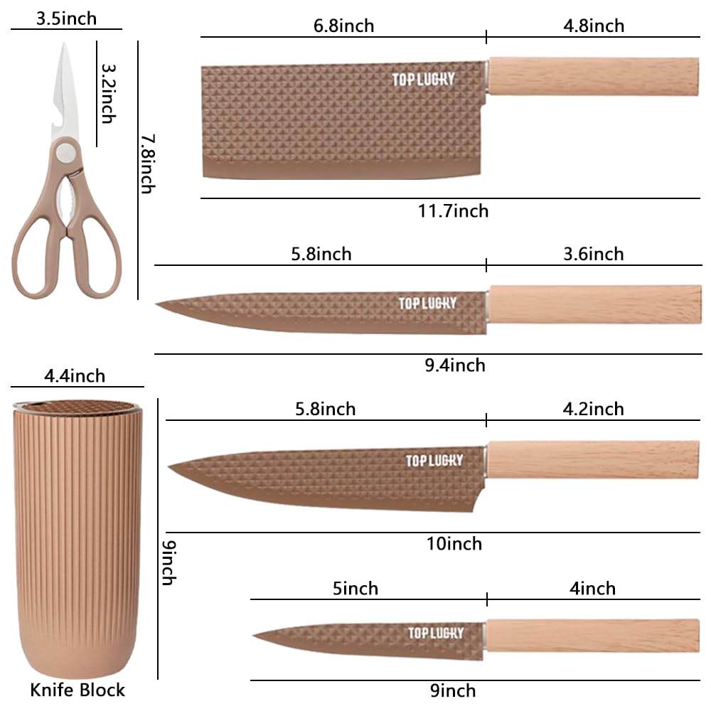 Knife Set, Wiztoynia 6-Piece Coffee Kitchen Knife Set for Home, Anti-Rust Non-stick Stainless Steel Sharp Chef Knife Set with Universal Knife Block for Kitchen, Ergonomical Design (Coffee)