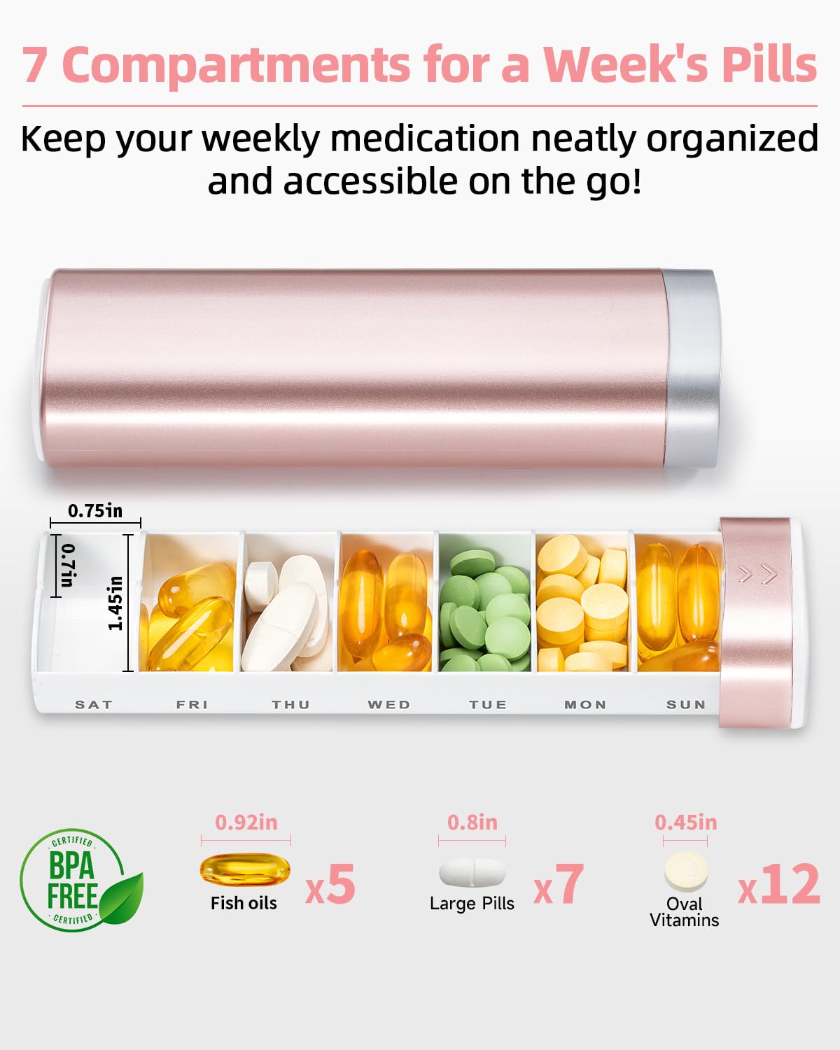 Betife Travel Pill Organizer Weekly 7 Day, Compact Daily Pill Box, Portable Medicine Case, Cute Pill Holder for Vitamins Supplements, Drawer-Shaped Pills Organizer(Pink)